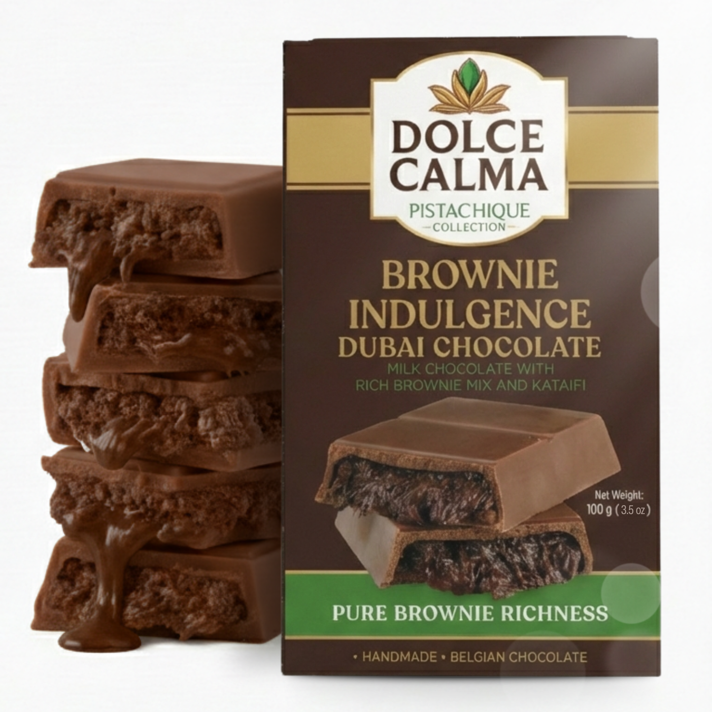 Dolce Calma Dubai Chocolate Bar Brownie (100g / 3.5oz) – Viral Authentic Handmade Belgian Chocolate with Turkish Pistachio & Crispy Kataifi, Premium Quality Luxury Cream Kunafa Filling, No Palm Oil