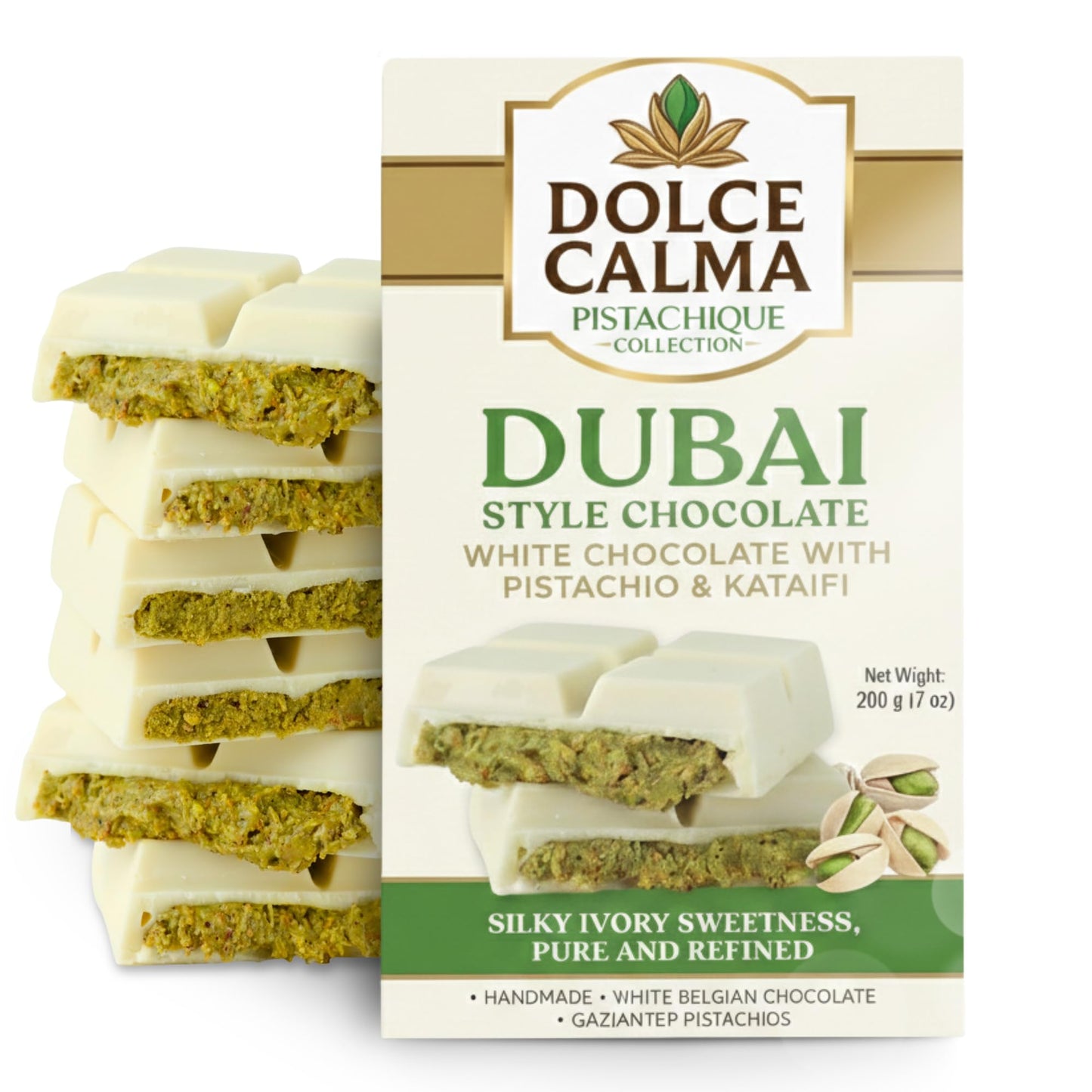 Dolce Calma Dubai Chocolate Bar White (200g / 7oz) – Viral Authentic Handmade Belgian Chocolate with Turkish Pistachio & Crispy Kataifi, Premium Quality, Luxury Cream Kunafa Filling, No Palm Oil