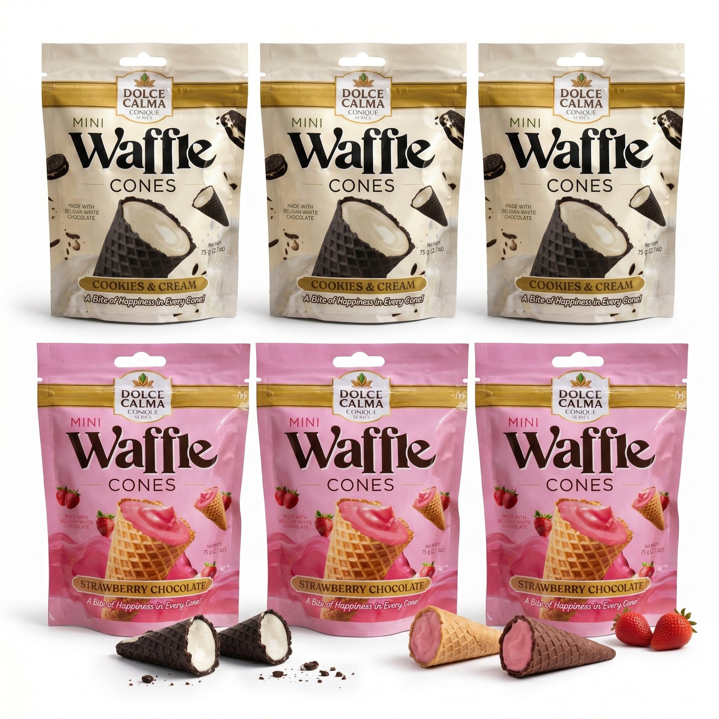 Dolce Calma Mini Waffle Cone Bites, Premium Belgian Chocolate Filled Snack, Strawberry & Cookies and Cream Variety Pack, 6 Resealable Packs, 15.9 oz (450g), Crispy Snack, Lunchbox Treat