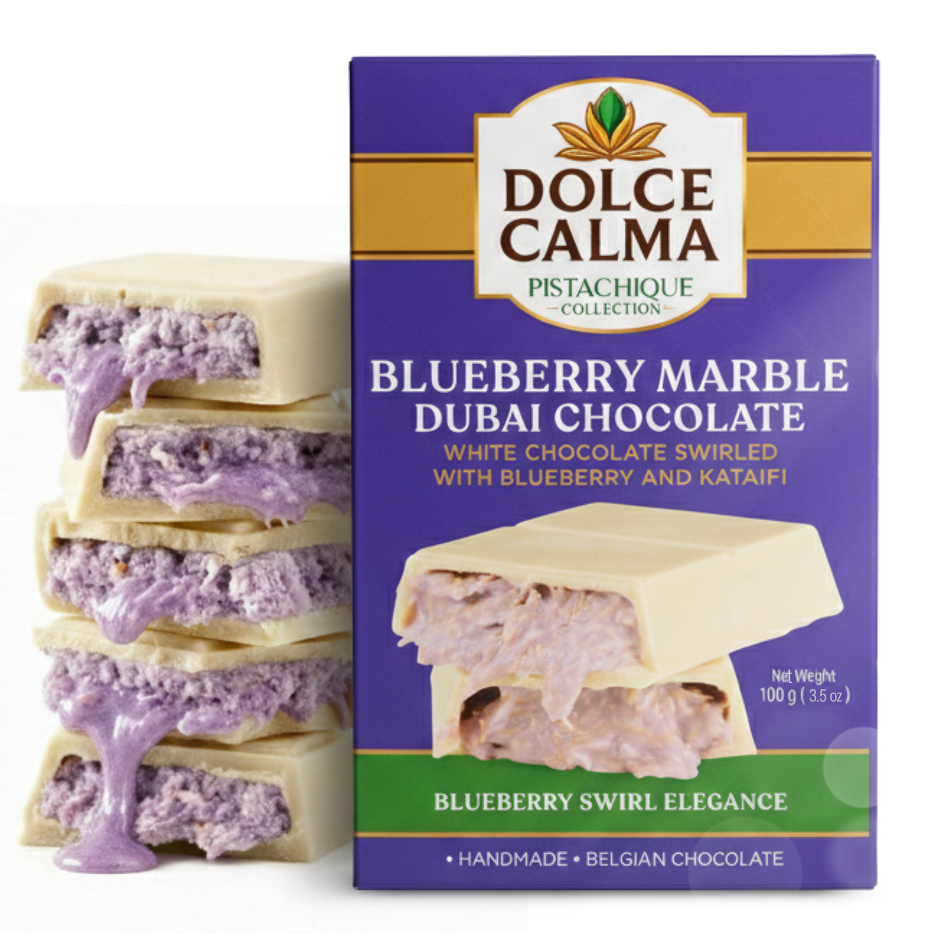 Dolce Calma Dubai Chocolate Bar Blueberry (100g / 3.5oz) – Viral Authentic Handmade Belgian Chocolate with Turkish Pistachio & Crispy Kataifi, Premium Quality Candy, Luxury Kunafa Filling, No Palm Oil