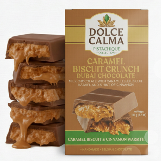 Dolce Calma Dubai Chocolate Bar Caramel (100g / 3.5oz) – Viral Authentic Handmade Belgian Chocolate with Turkish Pistachio & Crispy Kataifi, Premium Candy, Luxury Cream Kunafa Filling
