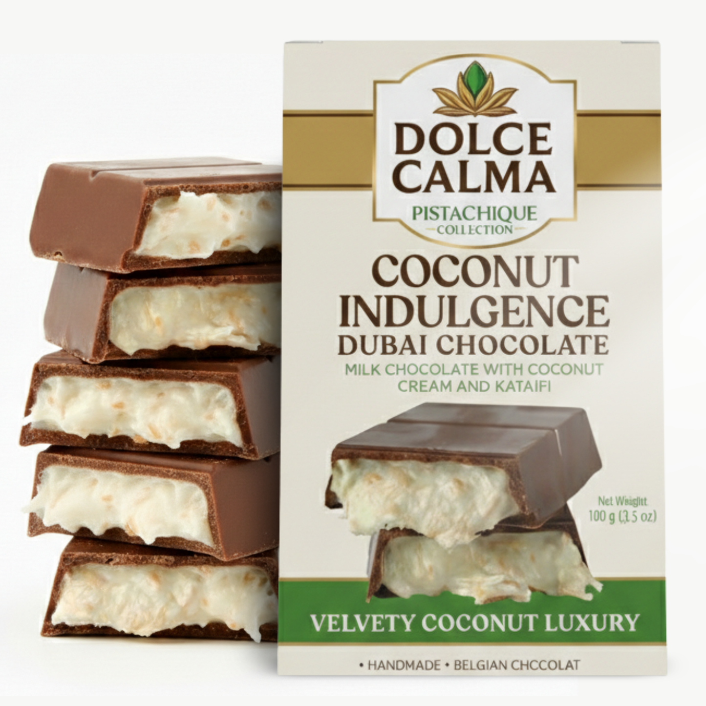 Dolce Calma Dubai Chocolate Bar Coconut (100g / 3.5oz) – Viral Authentic Handmade Belgian Chocolate with Turkish Pistachio & Crispy Kataifi, Premium Quality Candy, Luxury Kunafa Filling, No Palm Oil
