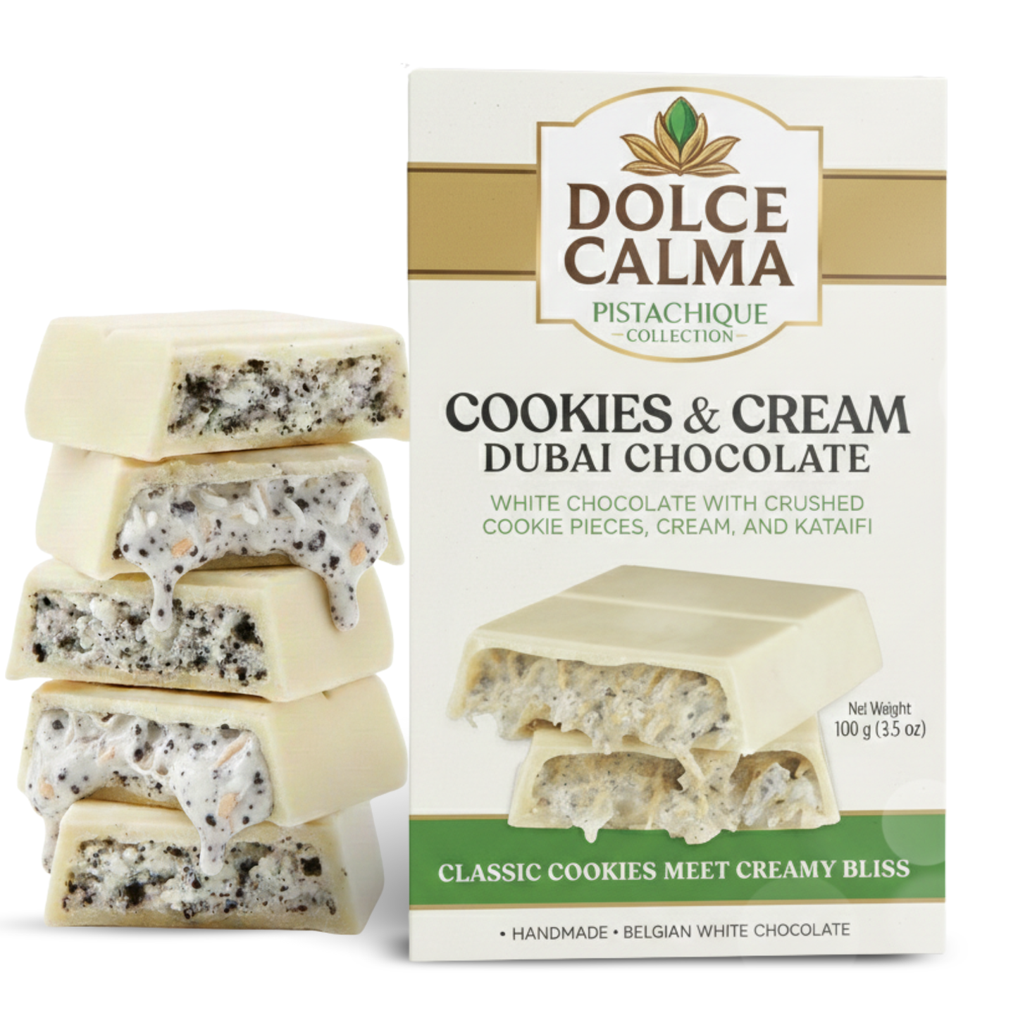 Dolce Calma Dubai Chocolate Bar Cookie (100g / 3.5oz) – Viral Authentic Handmade Belgian Chocolate with Turkish Pistachio & Crispy Kataifi, Premium Candy, Luxury Cream Kunafa Filling