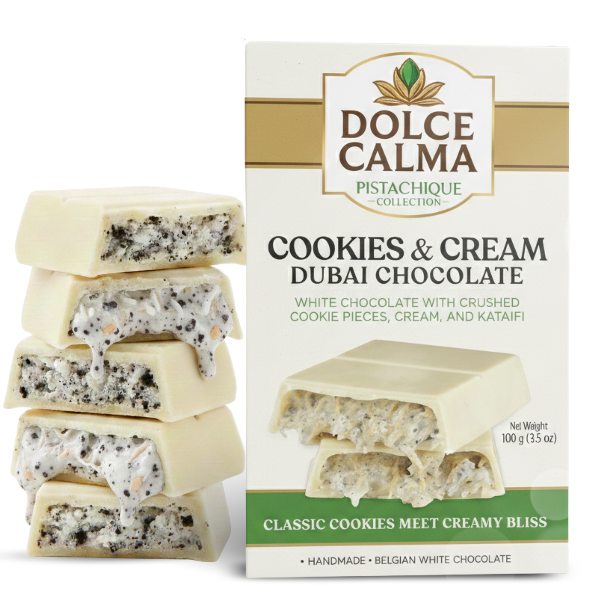 Dolce Calma Dubai Chocolate Bar Cookie (100g / 3.5oz) – Viral Authentic Handmade Belgian Chocolate with Turkish Pistachio & Crispy Kataifi, Premium Candy, Luxury Cream Kunafa Filling
