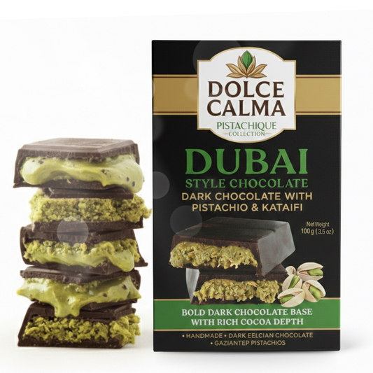 Dolce Calma Dubai Chocolate Bar Dark (100g / 3.5oz) – Viral Authentic Handmade Belgian Chocolate with Turkish Pistachio & Crispy Kataifi, Premium Quality Candy, Luxury Cream Kunafa Filling, No Palm Oil