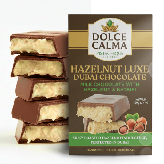 Dolce Calma Dubai Chocolate Bar Hazelnut (100g / 3.5oz) – Viral Authentic Handmade Belgian Chocolate with Turkish Pistachio & Crispy Kataifi, Premium Quality Luxury Cream Kunafa Filling, No Palm Oil