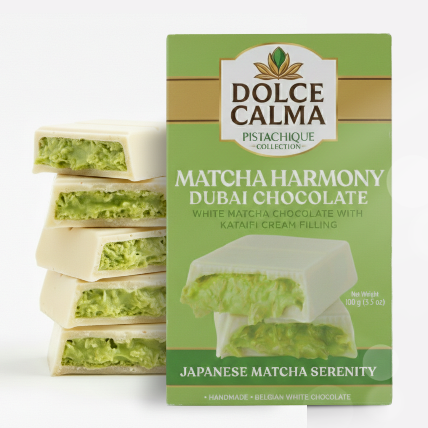 Dolce Calma Dubai Chocolate Bar Matcha (100g / 3.5oz) – Viral Authentic Handmade Belgian Chocolate with Turkish Pistachio & Crispy Kataifi, Premium Quality Luxury Cream Kunafa Filling, No Palm Oil