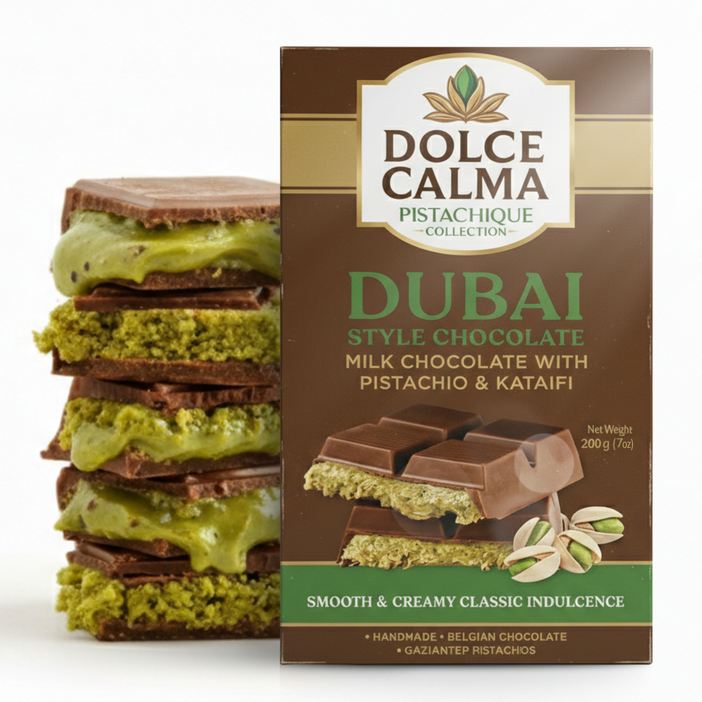 Dolce Calma Dubai Chocolate Bar Milk (200g / 7oz) – Viral Authentic Handmade Belgian Chocolate with Turkish Pistachio & Crispy Kataifi, Premium Quality Candy, Luxury Cream Kunafa Filling, No Palm Oil