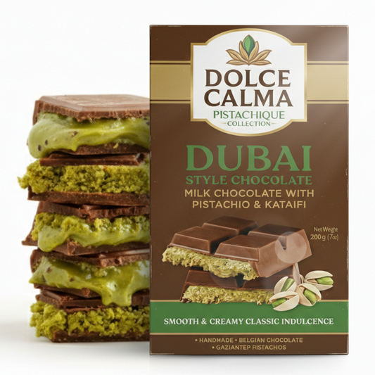 Dolce Calma Dubai Chocolate Bar Milk (200g / 7oz) – Viral Authentic Handmade Belgian Chocolate with Turkish Pistachio & Crispy Kataifi, Premium Quality Candy, Luxury Cream Kunafa Filling, No Palm Oil