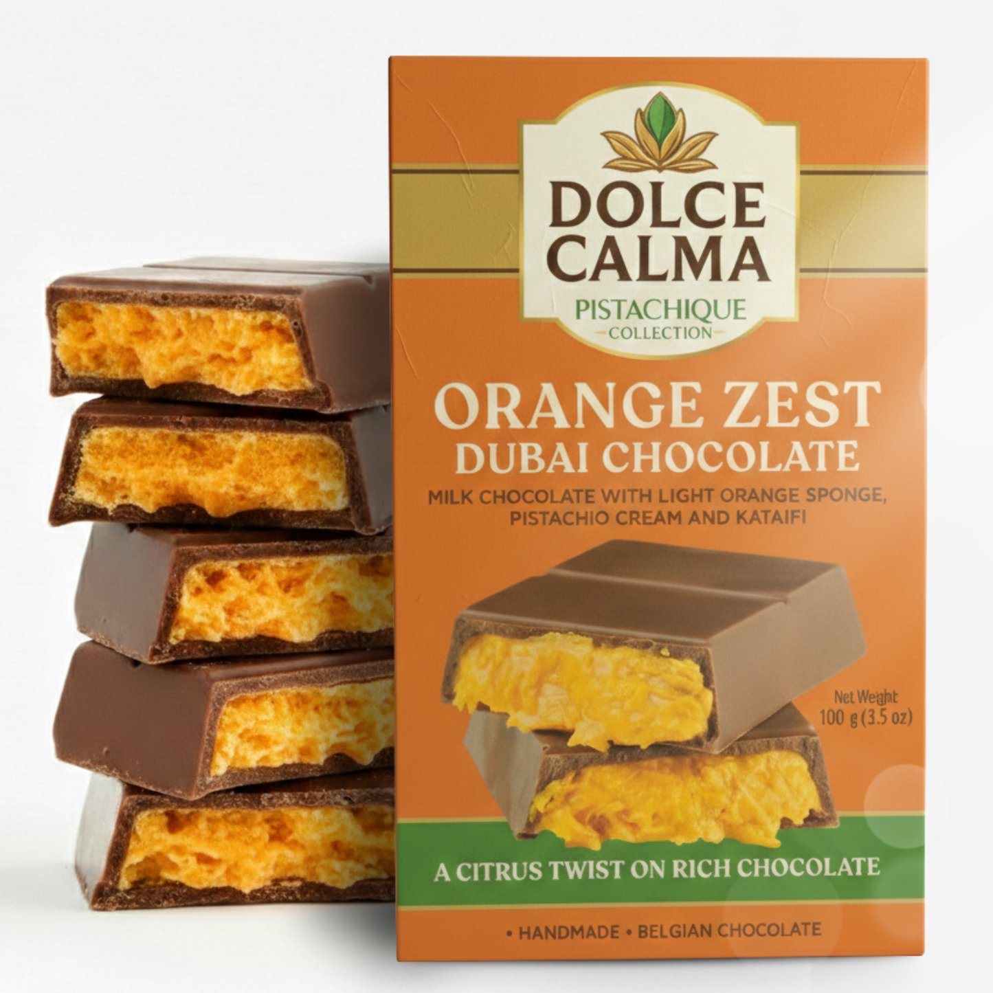 Dolce Calma Dubai Chocolate Bar Orange (100g / 3.5oz) – Viral Authentic Handmade Belgian Chocolate with Turkish Pistachio & Crispy Kataifi, Premium Quality, Luxury Cream Kunafa Filling, No Palm Oil