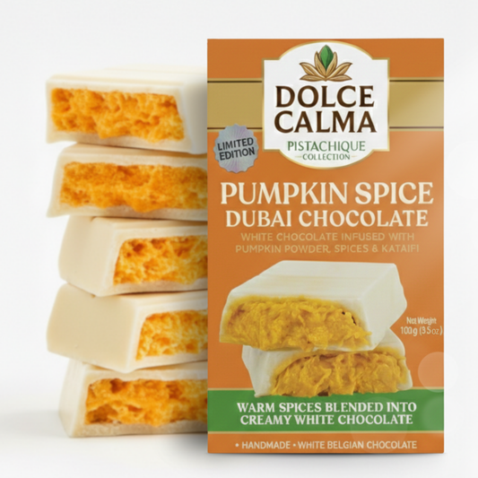 Dolce Calma Dubai Chocolate Bar Pumpkin (100g / 3.5oz)– Viral Authentic Handmade Belgian Chocolate with Turkish Pistachio & Crispy Kataifi, Premium Quality, Luxury Cream Kunafa Filling, No Palm Oil