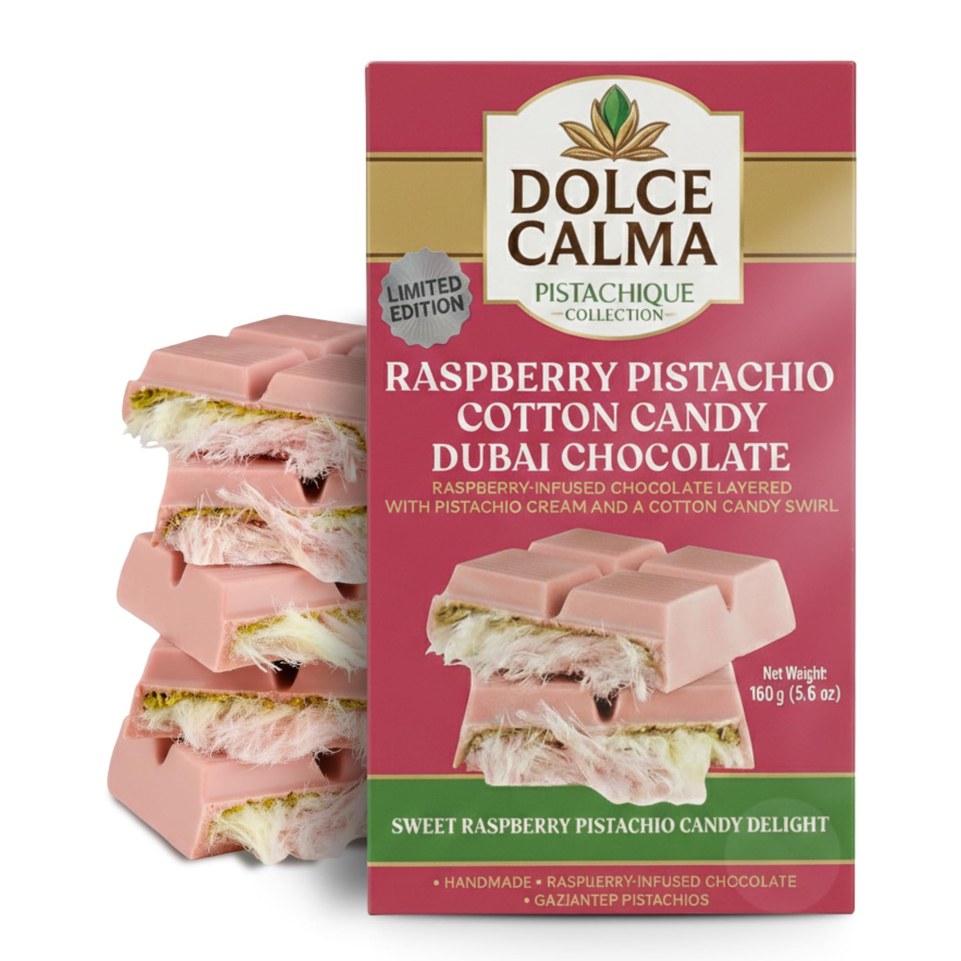 Dolce Calma Dubai Chocolate Bar Raspberry (160g / 5.6oz) – Viral Authentic Handmade Belgian Chocolate with Turkish Pistachio & Crispy Kataifi, Premium Quality Luxury Cream Kunafa Filling, No Palm Oil