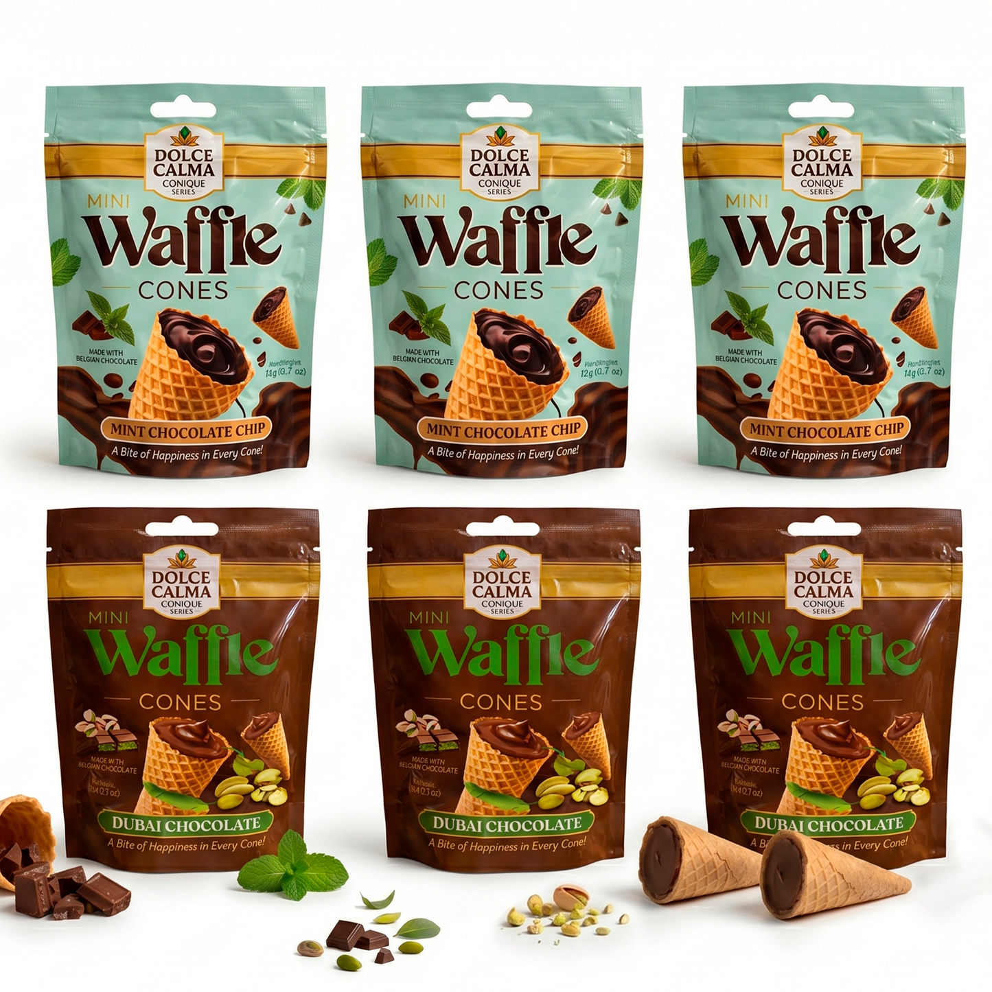 Dolce Calma Mini Waffle Cone Bites, Belgian Chocolate Filled Snack, Dubai Chocolate & Chocolate Mint Variety Pack, 72 Count (12 Packs x 6), Crispy Wafer Cone Dessert, Gourmet Candy Gift
