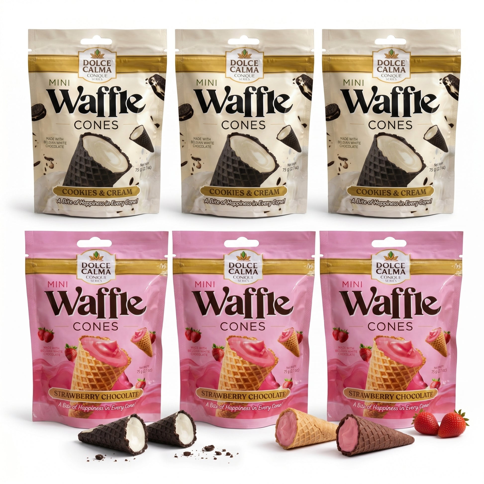 Dolce Calma Mini Waffle Cone Bites, Premium Belgian Chocolate Filled Snack, Strawberry & Cookies and Cream Variety Pack, 6 Resealable Packs, 15.9 oz (450g), Crispy Snack, Lunchbox Treat