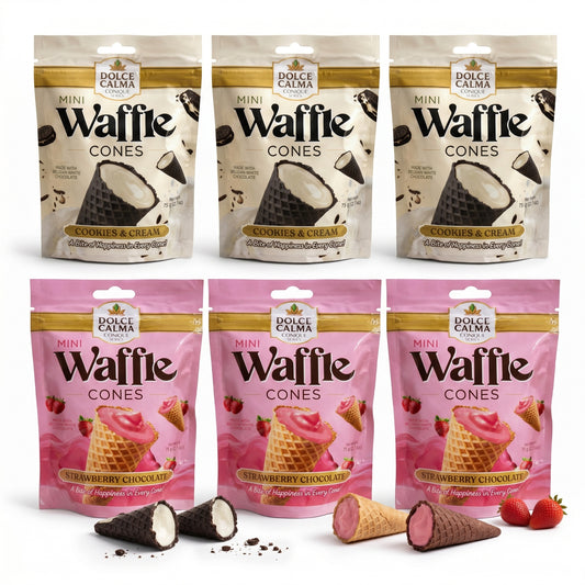 Dolce Calma Mini Waffle Cone Bites, Premium Belgian Chocolate Filled Snack, Strawberry & Cookies and Cream Variety Pack, 6 Resealable Packs, 15.9 oz (450g), Crispy Snack, Lunchbox Treat