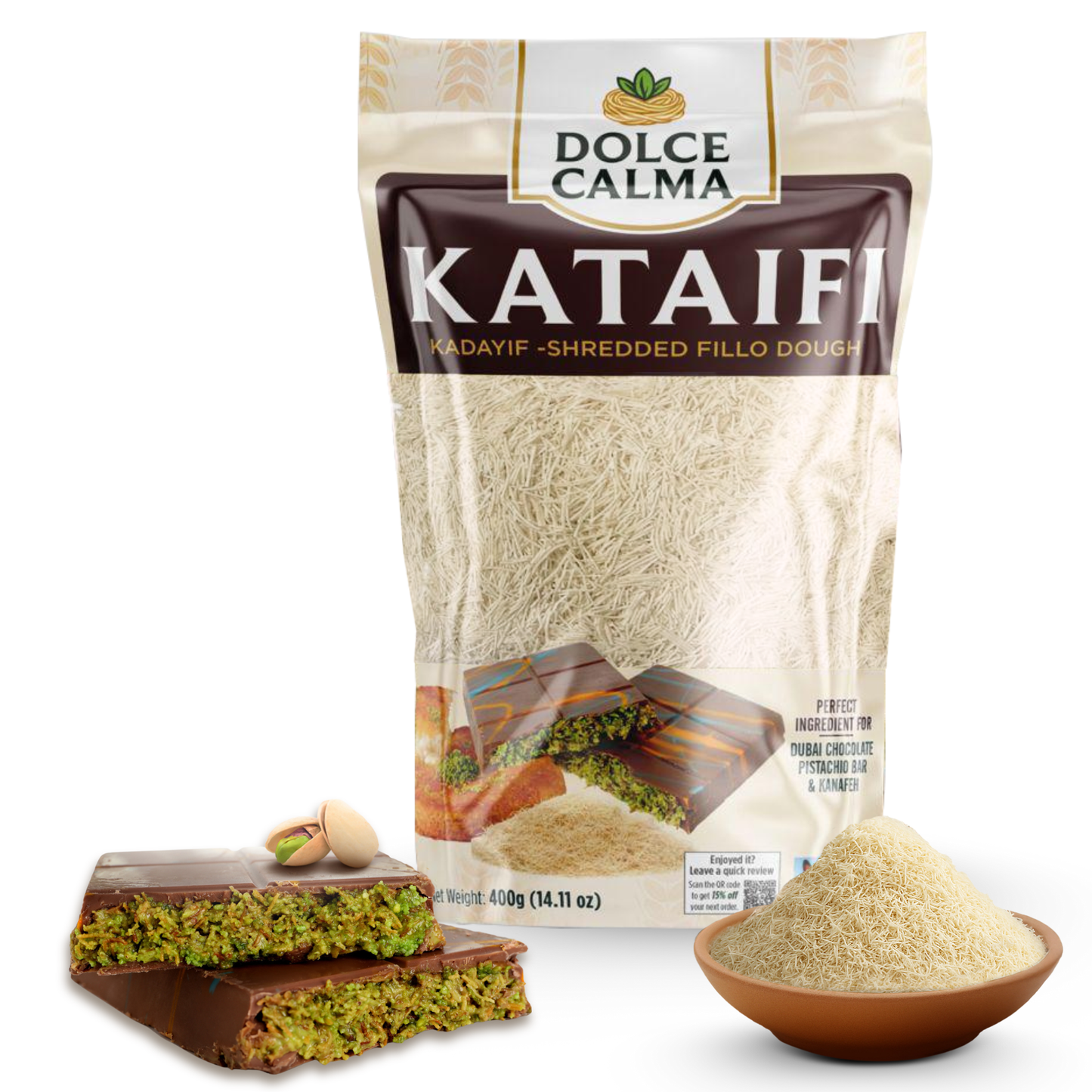 Dolce Calma Premium Dried Kataifi Dough (400g / 14.1oz) – Kadayif for Dubai Chocolate Bar, Kunafa & Baklava Desserts, Finely Shredded Fillo, Resealable Bag, Phyllo for Pistachio Cream Bakery Knafeh