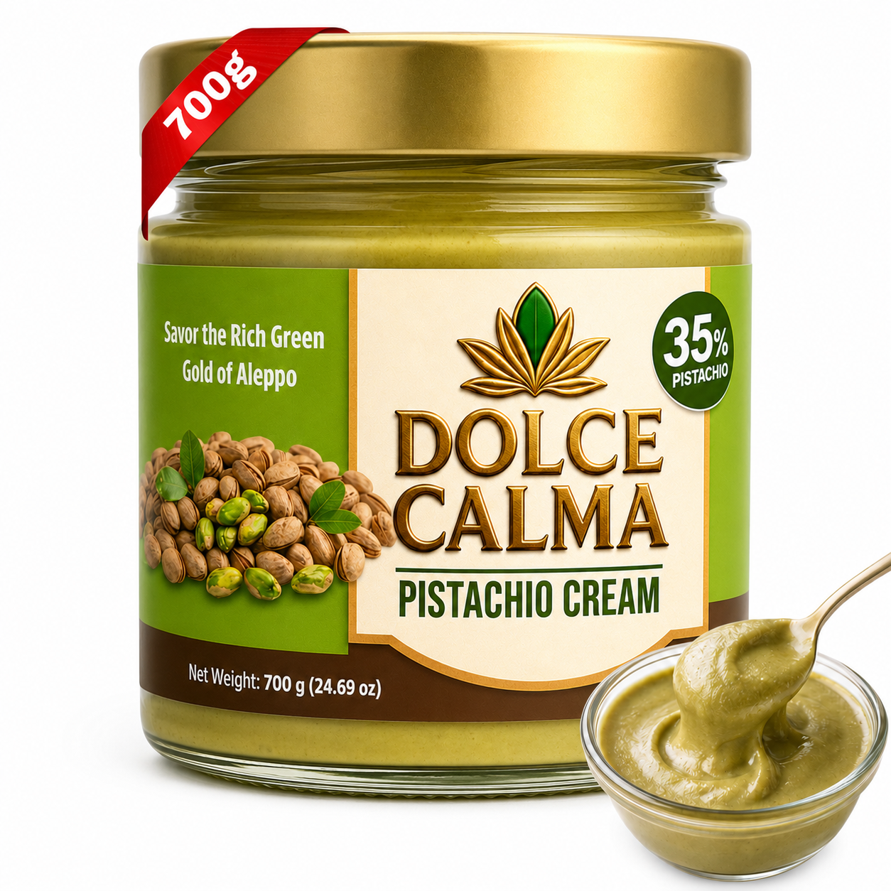Dolce Calma Pistachio Cream Spread 700g (24.69oz) – Smooth & Rich, Glass Jar, for Dubai Chocolate, Stuffed Cookies, Desserts, Cakes & Waffles, No Palm Oil