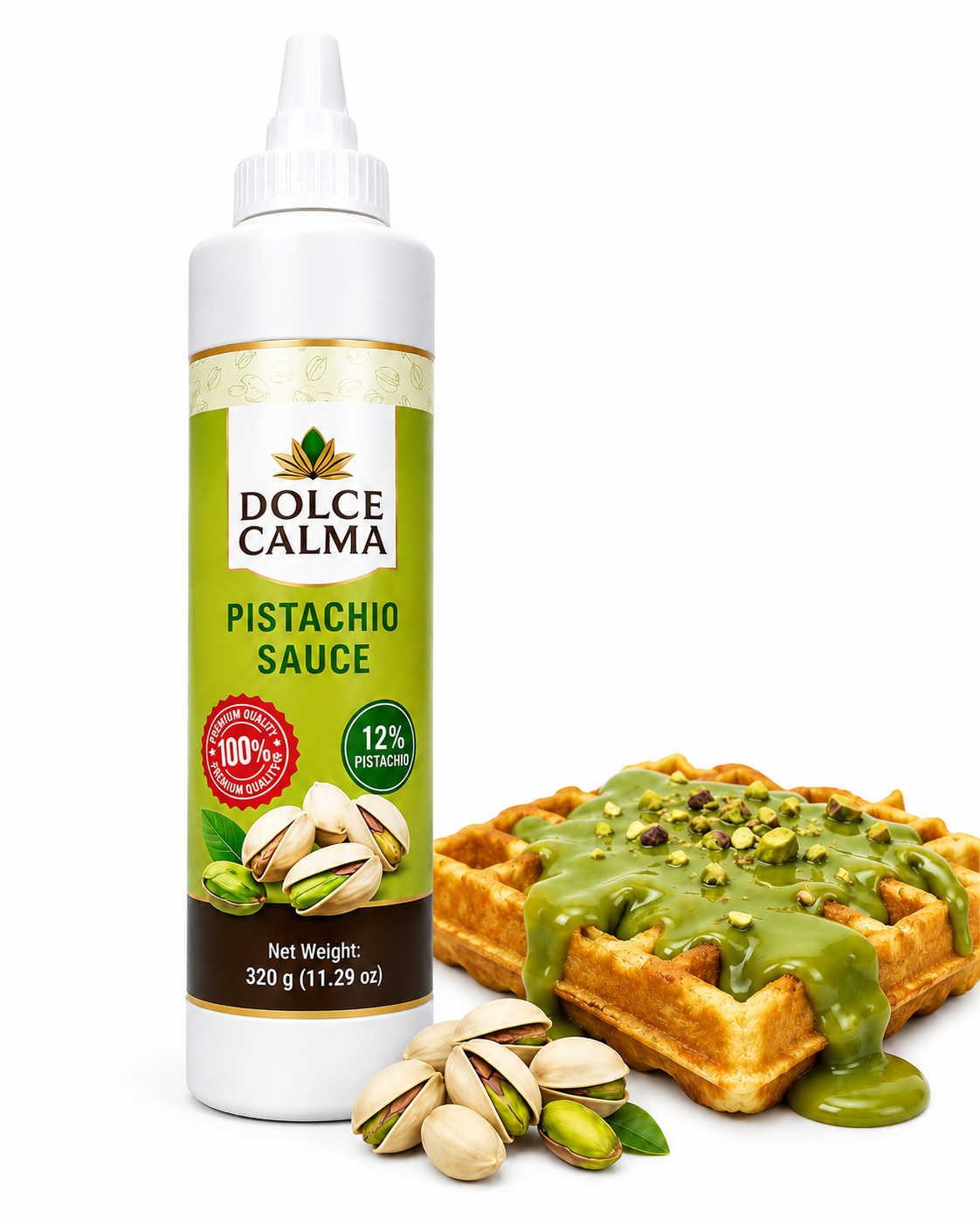 Dolce Calma Premium Pistachio Sauce (320g / 11.2oz) – Authentic (12%) Pistachio Syrup for Coffee, Ice Cream, Cakes, Waffles, Pista Desserts, Squeeze Bottle, Real Pistacho Nuts, No Artificial Flavors