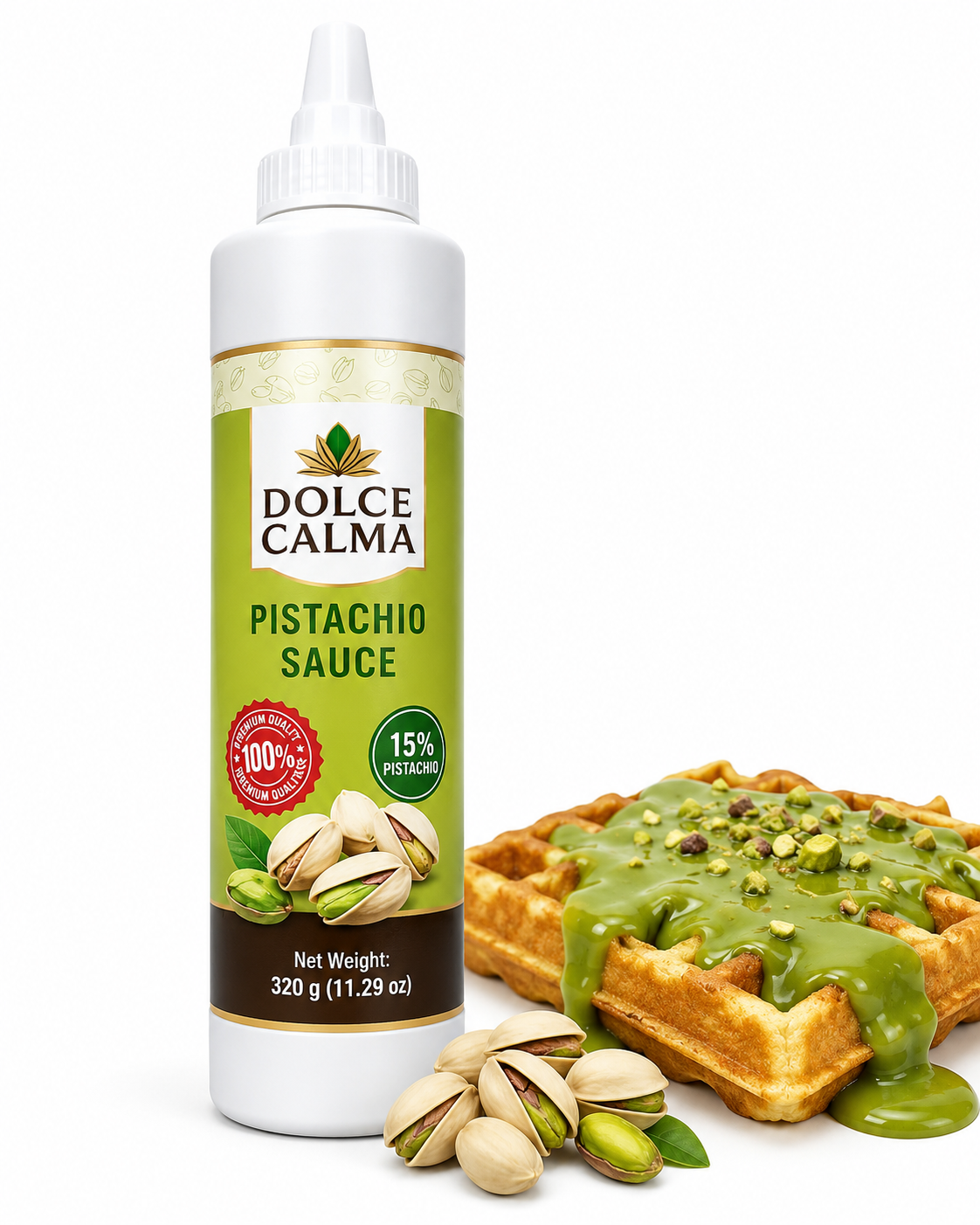 Dolce Calma Premium Pistachio Sauce (320g / 11.2oz) – Authentic (15%) Pistachio Syrup for Coffee, Ice Cream, Cakes, Waffles, Pista Desserts, Squeeze Bottle, Real Pistacho Nuts, No Artificial Flavors
