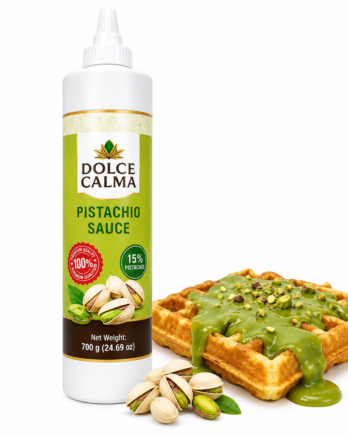 Dolce Calma Premium Pistachio Sauce (700g / 24.7oz) – Authentic (15%) Pistachio Syrup for Coffee, Ice Cream, Cakes, Waffles, Pista Desserts, Squeeze Bottle, Real Pistacho Nuts, No Artificial Flavors