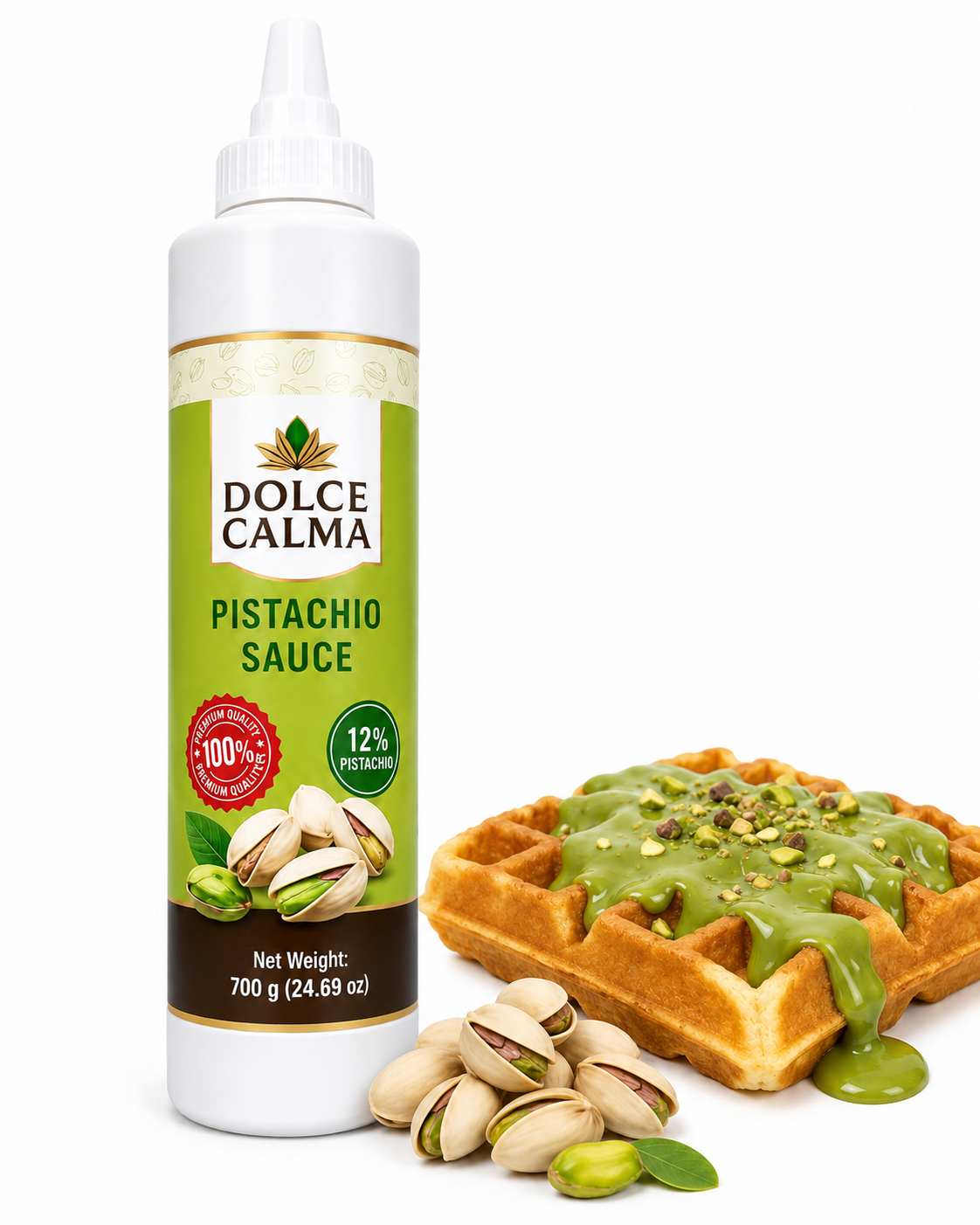 Dolce Calma Premium Pistachio Sauce (700g / 24.7oz) – Authentic (12%) Pistachio Syrup for Coffee, Ice Cream, Cakes, Waffles, Pista Desserts, Squeeze Bottle, Real Pistacho Nuts, No Artificial Flavors