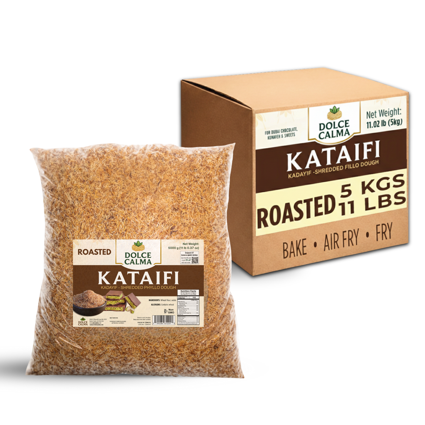 Dolce Calma Premium Roasted Kataifi Dough (5kg / 11lb) – Kadayif for Dubai Chocolate Bar, Kunafa & Baklava Desserts, Finely Shredded Fillo, Kataif Bulk Pack , Phyllo for Pistachio Cream Bakery Kunefe