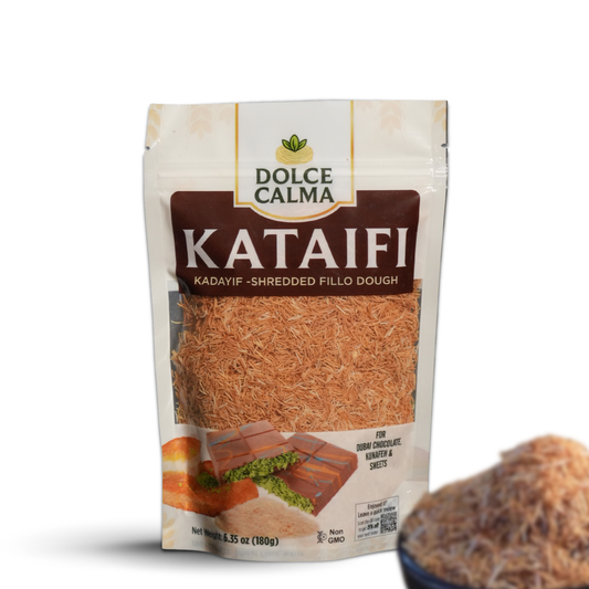 Dolce Calma Premium Roasted Kataifi Dough (180g / 6.4oz) – Kadayif for Dubai Chocolate Bar, Kunafa & Baklava Desserts, Finely Shredded Fillo, Resealable Bag, Phyllo for Pistachio Cream Bakery Knafeh