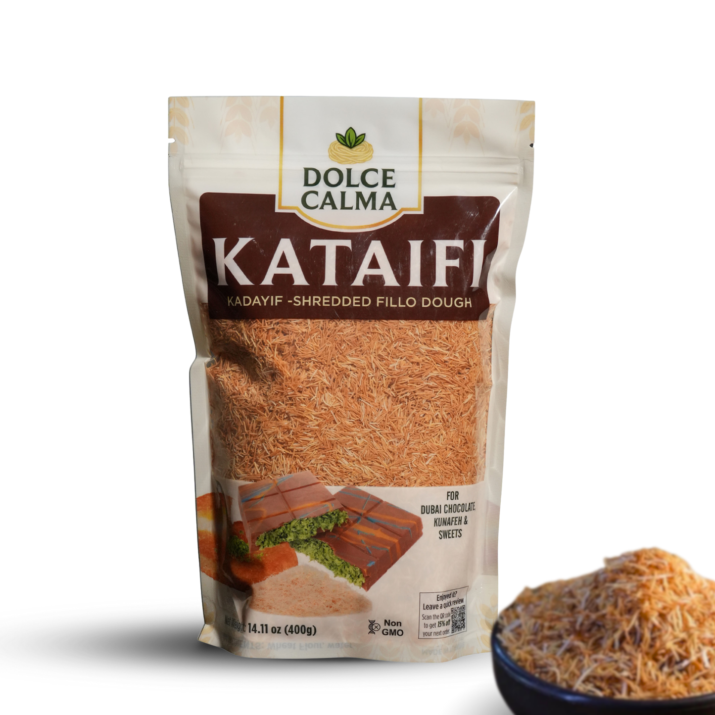 Dolce Calma Premium Roasted Kataifi Dough (400g / 14.1oz) – Kadayif for Dubai Chocolate Bar, Kunafa & Baklava Desserts, Finely Shredded Fillo, Resealable Bag, Phyllo for Pistachio Cream Bakery Knafeh